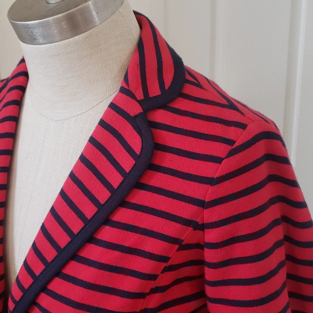 💐 TALBOTS Nautical Striped Knit Blazer Jacket Red Navy XS Petite Anchor Button - Picture 6 of 12